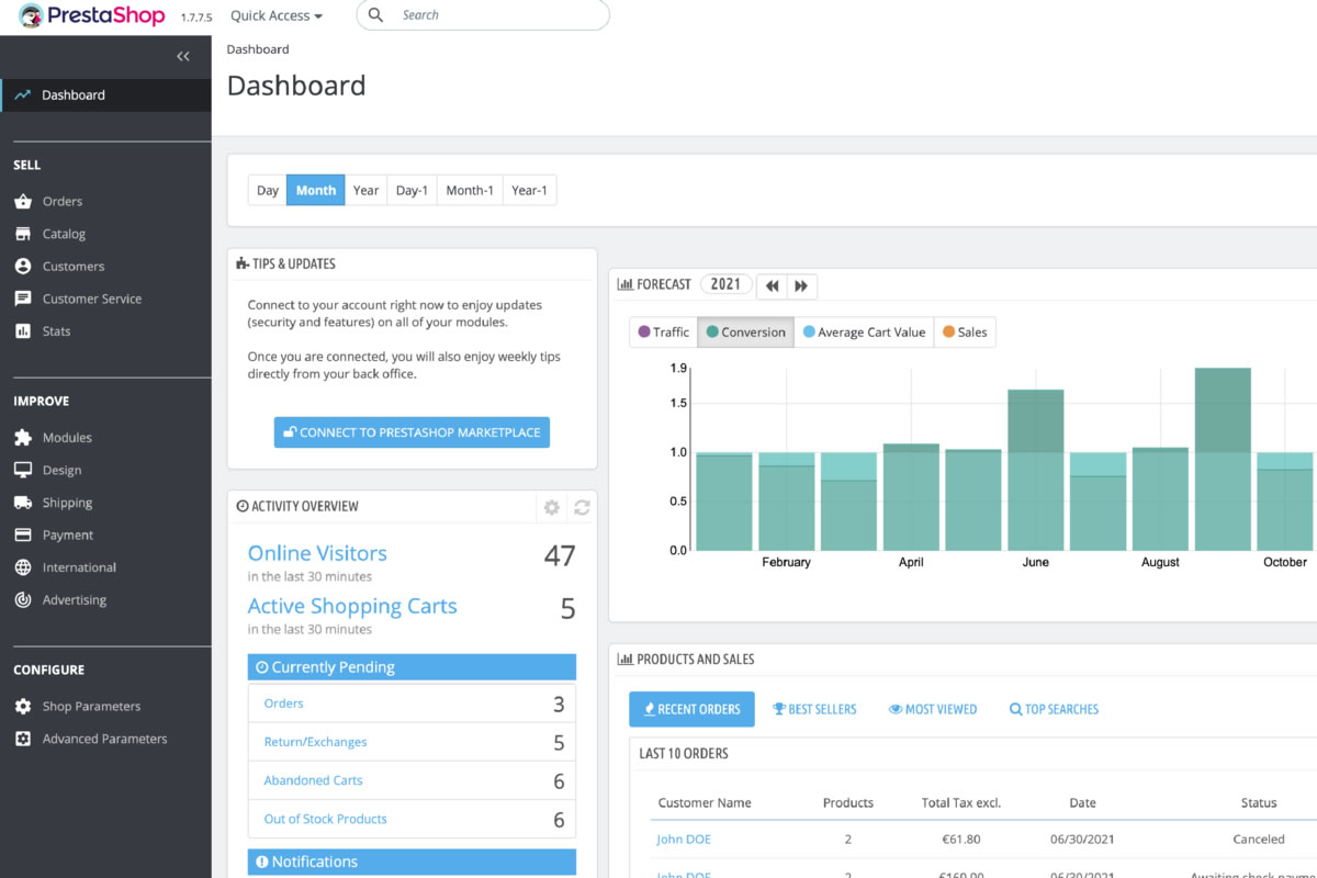 Pantalla de PrestaShop